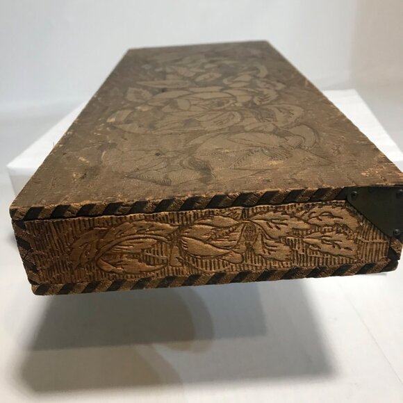 Wooden Trinket Scarf Box Vintage Hand Carved Floral Design Wood Burning Rustic - Picture 5 of 16